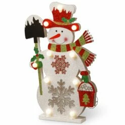 Hot Sale 🎉 17" Pre-Lit LED Wood-Look Double Sided Snowman Holding a Shovel by National Tree Company 👍