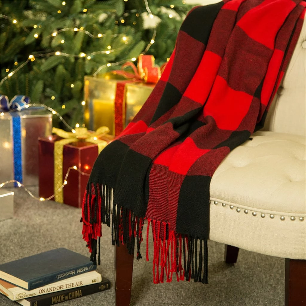 Best Sale ๐ Glitzhome® Red & Black Plaid Woven Throw ๐งจ - Image 2