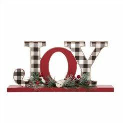 New ⌛ Glitzhome® 11.5" 🔔 Christmas Wooden Plaid JOY Tabletop Décor 🧨