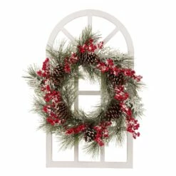 Best reviews of 🛒 Glitzhome® Wooden Window Frame with Flocked Pinecone & Berry Wreath 👍