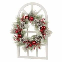 Deals 🔥 Glitzhome® Wooden Window Frame with Flocked Pinecone & Ornament Wreath ⭐