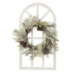 Hot Sale 🎁 Glitzhome® Wooden Window Frame with Flocked Pinecone & Antler Wreath 🥰