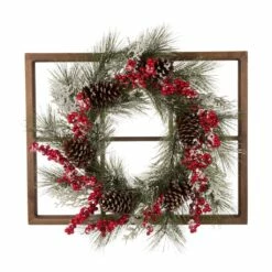Best Pirce โ Glitzhome® Natural Wooden Window Frame with Flocked Pinecone & Berry Wreath โค๏ธ