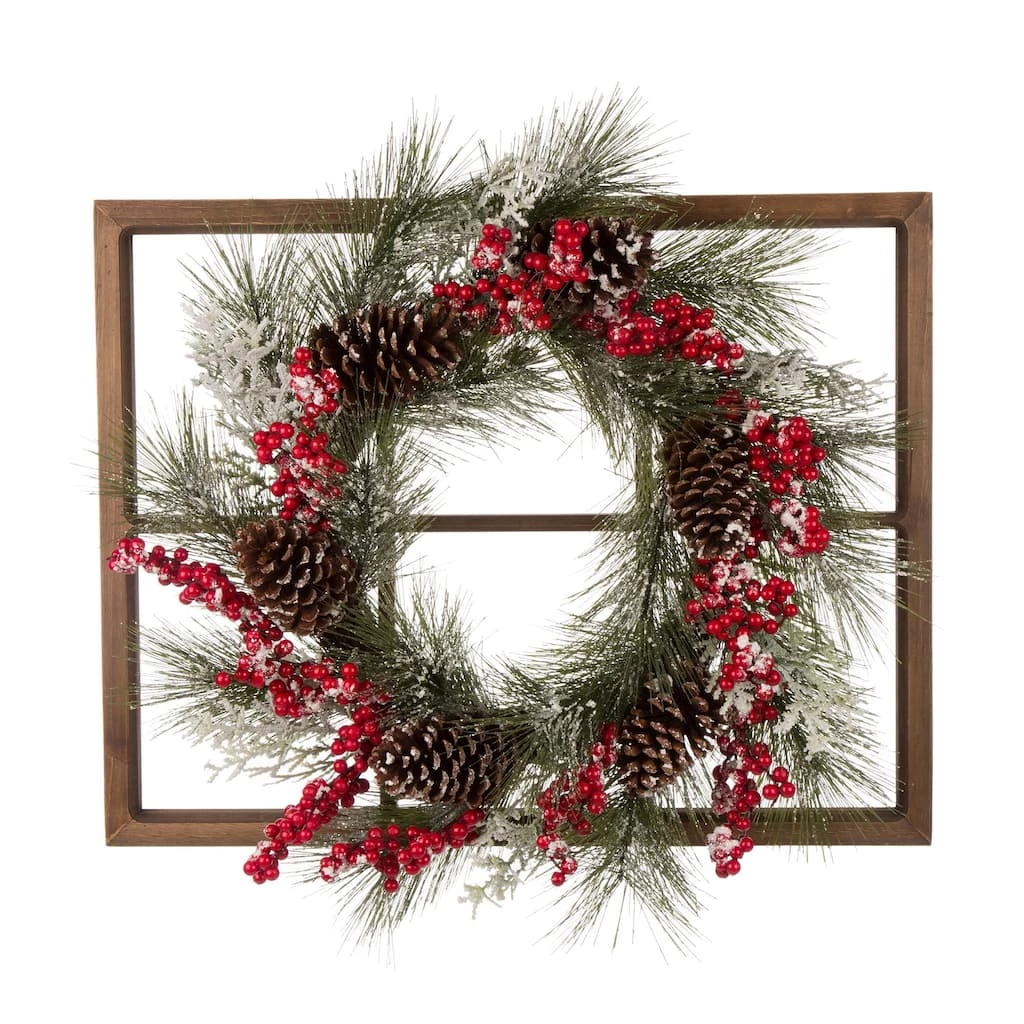 Best Pirce β Glitzhome® Natural Wooden Window Frame with Flocked Pinecone & Berry Wreath β€οΈ