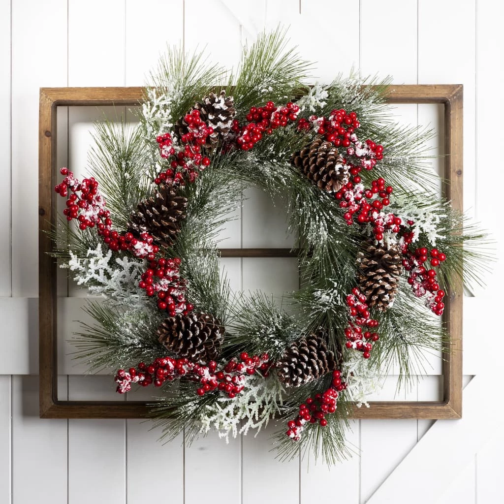 Best Pirce β Glitzhome® Natural Wooden Window Frame with Flocked Pinecone & Berry Wreath β€οΈ - Image 2
