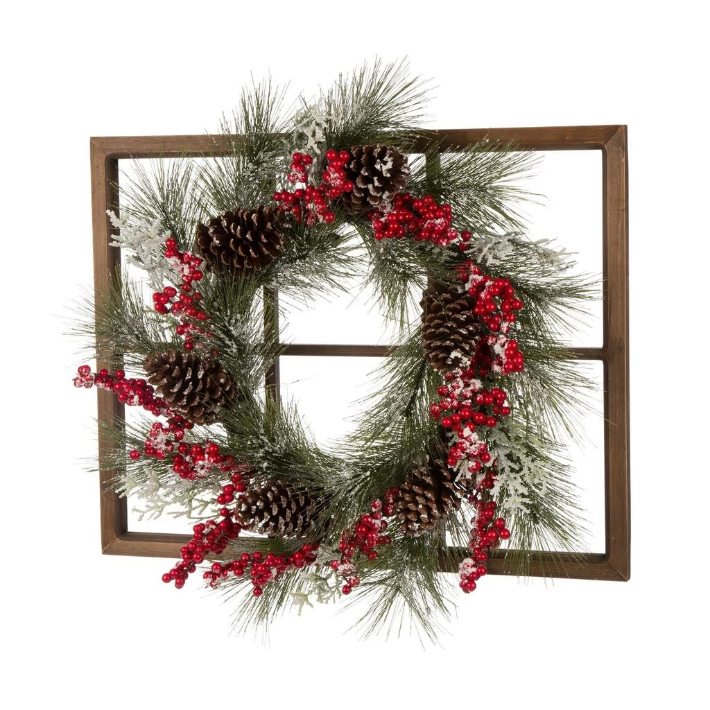 Best Pirce β Glitzhome® Natural Wooden Window Frame with Flocked Pinecone & Berry Wreath β€οΈ - Image 3