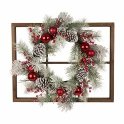 Hot Sale ❤️ Glitzhome® Natural Wooden Window Frame with Flocked Pinecone & Ornament Wreath 💯