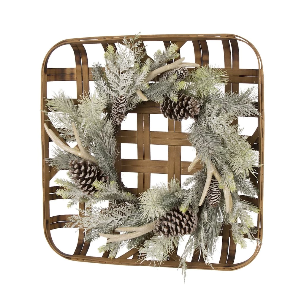 Outlet π₯° Glitzhome® 24" Bamboo Red Tobacco Basket with Flocked Pinecone & Antler Wreath π