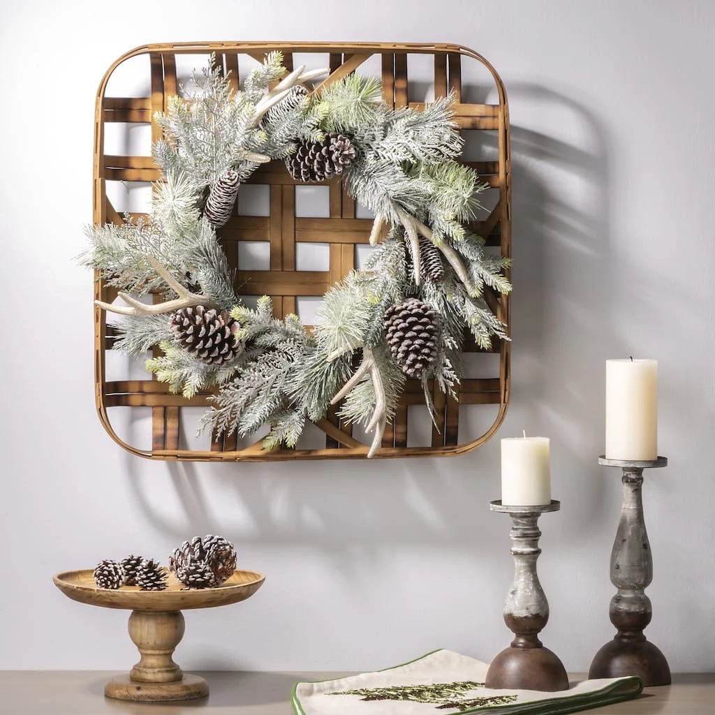 Outlet π₯° Glitzhome® 24" Bamboo Red Tobacco Basket with Flocked Pinecone & Antler Wreath π - Image 2