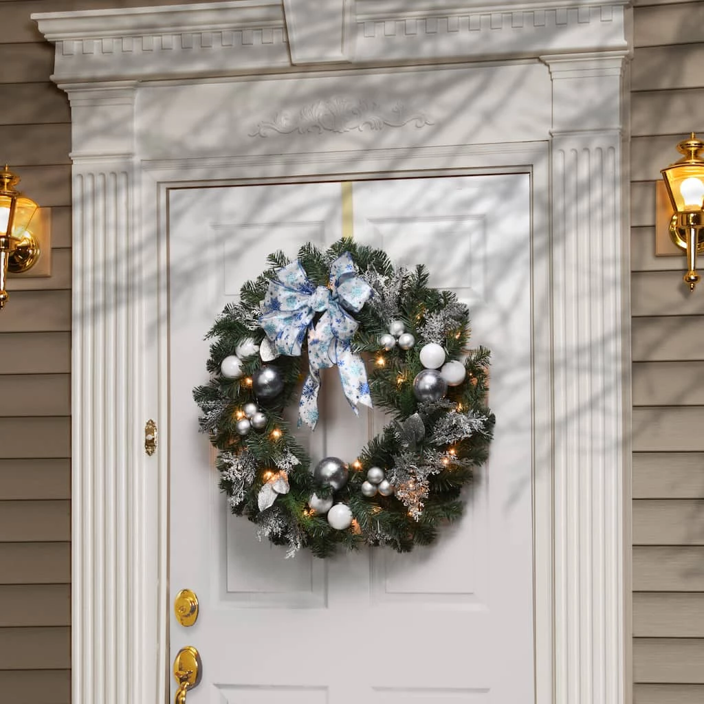 Flash Sale ๐ฏ 32" Pre-Lit Silver Ornament Wreath with Bow by National Tree Company โจ - Image 2