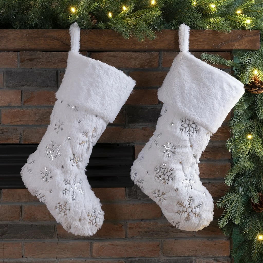 Best deal ๐ Glitzhome® 21" White Plush with Snowflake โ Christmas Stocking, 2ct. โญ - Image 2