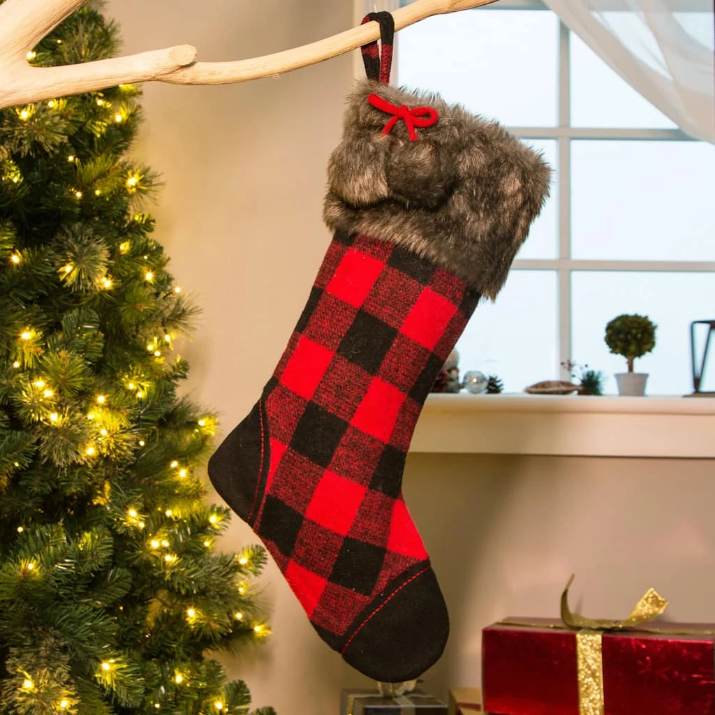 Top 10 β¨ Glitzhome® 21" Fur Black & Red Buffalo Plaid Stocking π - Image 2