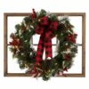 Hot Sale 🧨 Glitzhome® 24" Brown Wooden Window Frame with Pre-Lit LED Flocked Pinecone & Ornament Wreath ✨