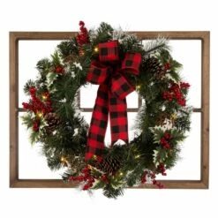 Hot Sale ๐งจ Glitzhome® 24" Brown Wooden Window Frame with Pre-Lit LED Flocked Pinecone & Ornament Wreath โจ