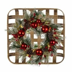 New 😉 Glitzhome® 24" Tobacco Basket with Pre-Lit LED Pinecone & Red Ornament Wreath 👏