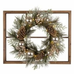 Cheapest 😍 Glitzhome® Brown Wooden Window Frame with Pre-Lit LED Pinecone & Ornament Wreath ✨