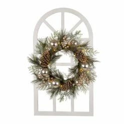 Budget ✔️ Glitzhome® White Wooden Window Frame with Pre-Lit Pinecone & Ornament LED Wreath 🔔