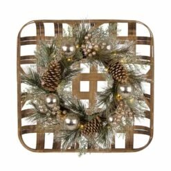 Deals 🔔 Glitzhome® 24" Tobacco Basket with Pre-Lit LED Pinecone & Silver Ornament Wreath 👍