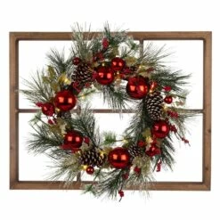 Hot Sale 🎉 Glitzhome® Brown Wooden Window Frame with Pre-Lit LED Pinecone & Red Ornament Wreath 👍