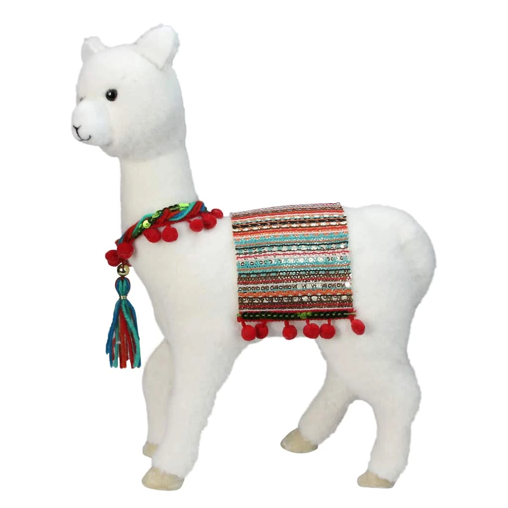 Wholesale ๐ฅ 14" White Plush Bohemian Standing Llama โ Christmas Figure with Pom Poms by Northlight ๐
