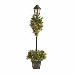 Best Pirce 🌟 5ft. Pre-Lit LED Holiday Decorated Lamp Post With Faux Greenery In Decorative Container by Nearly Natural ✨