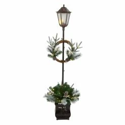 New 👍 5ft. Pre-lit LED Holiday Decorated Lamp Post With Greenery In Decorative Planter by Nearly Natural 🧨