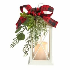Deals 😉 12" White Lantern with Berries, Pine & Plaid Bow Artificial 🎅 Christmas Table Arrangement with LED Candle by Nearly Natural 😉
