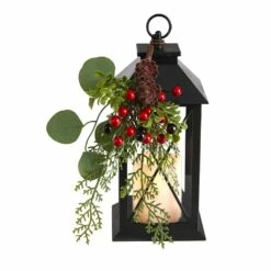 Deals 😍 12" Berries & Greenery Metal Lantern Artificial Table ❄ Christmas Arrangement with LED Candle by Nearly Natural 🔥
