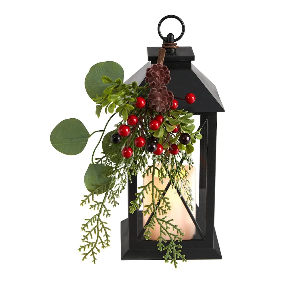 Deals ๐ 12" Berries & Greenery Metal Lantern Artificial Table โ Christmas Arrangement with LED Candle by Nearly Natural ๐ฅ