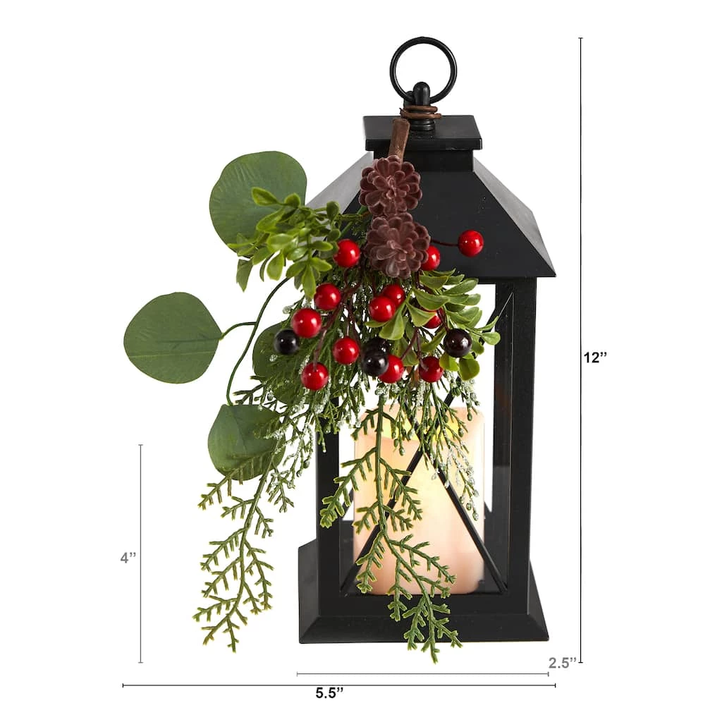 Deals ๐ 12" Berries & Greenery Metal Lantern Artificial Table โ Christmas Arrangement with LED Candle by Nearly Natural ๐ฅ - Image 3