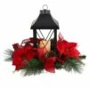 Flash Sale 👍 15" Red Poinsettia, Pinecone & Greenery Lantern with LED Candle Artificial 🔔 Christmas Arrangement by Nearly Natural 🎉