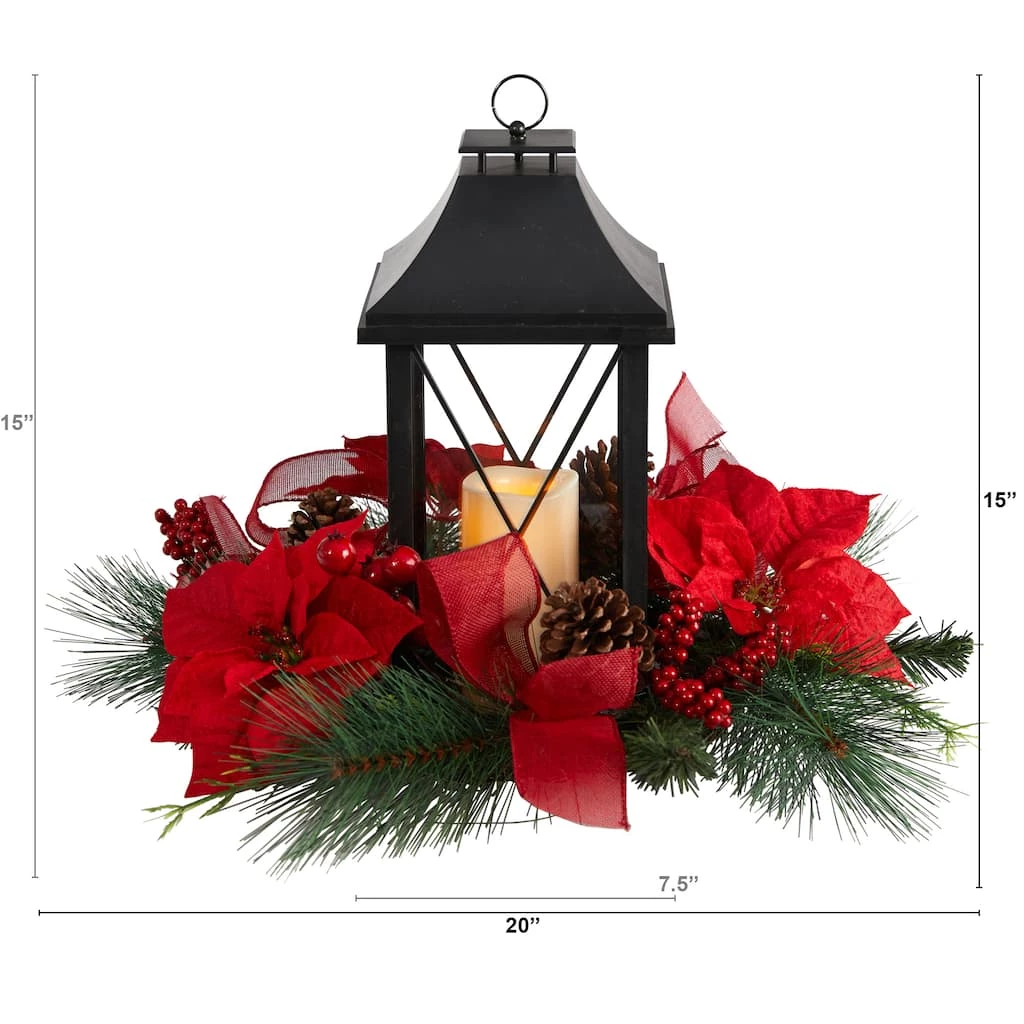 Flash Sale π 15" Red Poinsettia, Pinecone & Greenery Lantern with LED Candle Artificial π Christmas Arrangement by Nearly Natural π - Image 3