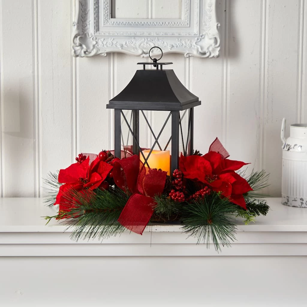 Flash Sale π 15" Red Poinsettia, Pinecone & Greenery Lantern with LED Candle Artificial π Christmas Arrangement by Nearly Natural π - Image 2