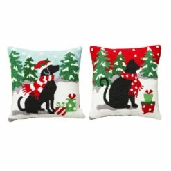 New 💯 Glitzhome® Hooked 🎅 Christmas 🐶 Dog & Cat Throw Pillow Set 🔔