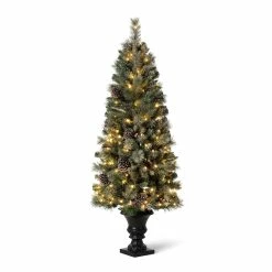 Budget 🔥 5ft. Pre-Lit Flocked Pine Artificial 🎁 Christmas Tree in Black Urn, Warm White Lights by Glitzhome 😀