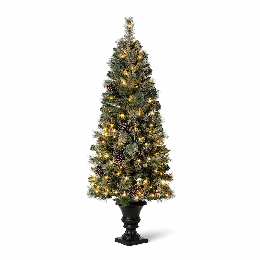Budget 🔥 5ft. Pre-Lit Flocked Pine Artificial 🎁 Christmas Tree in Black Urn, Warm White Lights by Glitzhome 😀