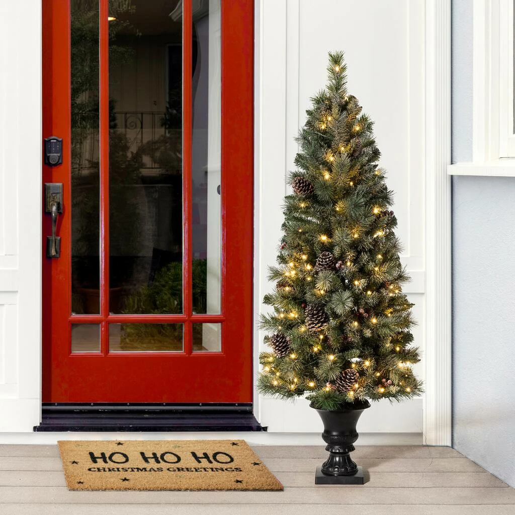 Budget 🔥 5ft. Pre-Lit Flocked Pine Artificial 🎁 Christmas Tree in Black Urn, Warm White Lights by Glitzhome 😀 - Image 2