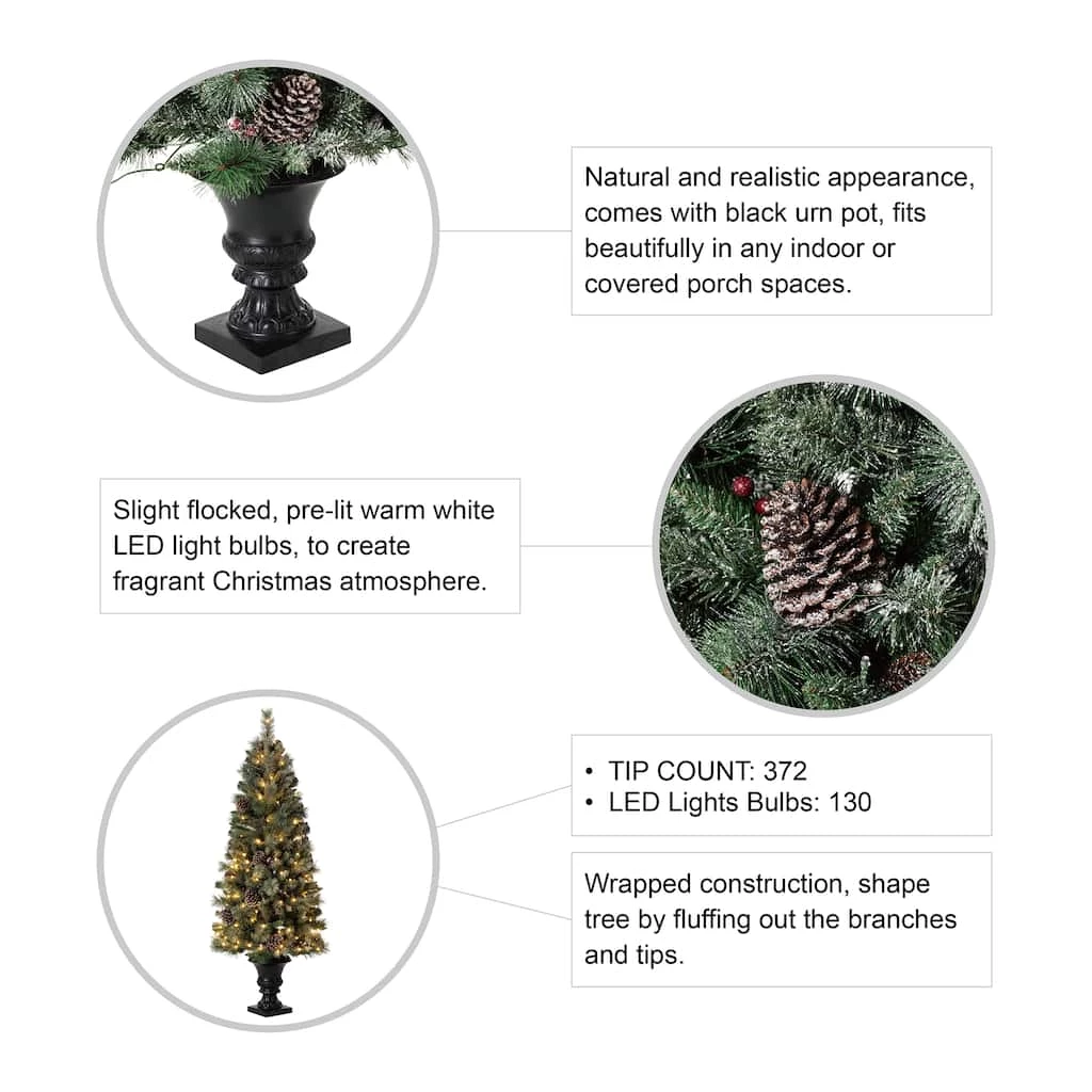 Budget 🔥 5ft. Pre-Lit Flocked Pine Artificial 🎁 Christmas Tree in Black Urn, Warm White Lights by Glitzhome 😀 - Image 8