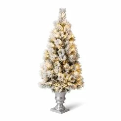 Outlet 🛒 4ft. Pre-Lit Flocked Pine Artificial 🎄 Christmas Tree in Silver Urn, Warm White Lights by Glitzhome 🔔