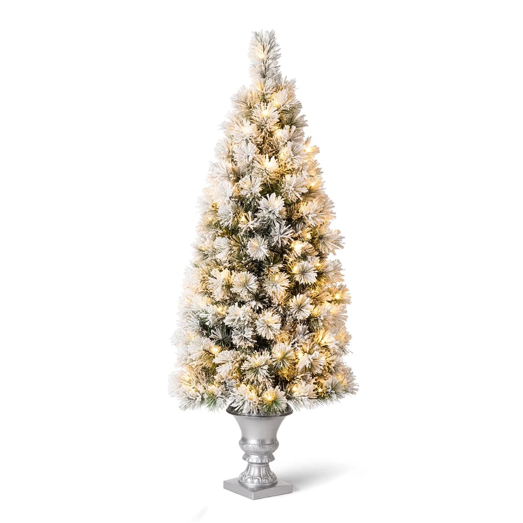 Best reviews of 🎉 5ft. Pre-Lit Flocked Pine Artificial 🎄 Christmas Tree in Silver Urn, Warm White Lights by Glitzhome ✔️