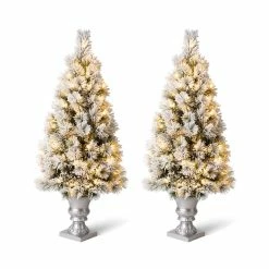 Outlet 🛒 4ft. Pre-Lit Flocked Pine Artificial 🎄 Christmas Tree in Planter Set, Warm White LED Lights by Glitzhome 🎉