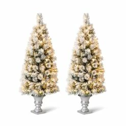 Hot Sale ๐ 5ft. Pre-Lit Flocked Pine Artificial ๐ Christmas Tree in Planter Set, Warm White LED Lights by Glitzhome ๐