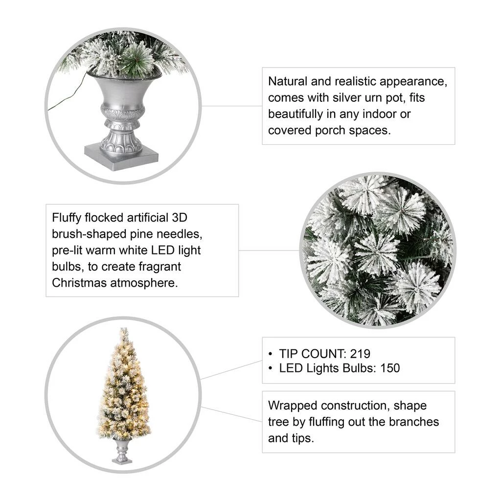 Hot Sale ๐ 5ft. Pre-Lit Flocked Pine Artificial ๐ Christmas Tree in Planter Set, Warm White LED Lights by Glitzhome ๐ - Image 8