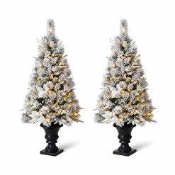 Budget ๐ 4ft. Pre-Lit Flocked Pine Artificial ๐ Christmas Tree in Planter Set, Warm White LED Lights by Glitzhome โ๏ธ