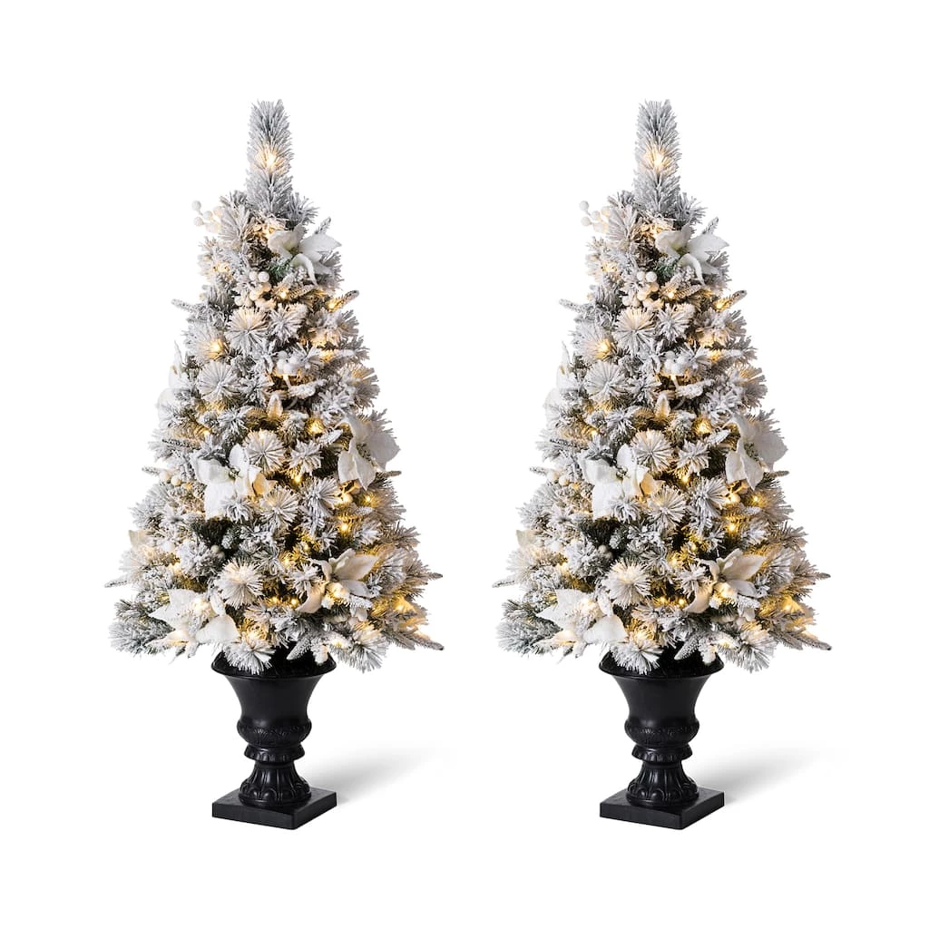 Budget ๐ 4ft. Pre-Lit Flocked Pine Artificial ๐ Christmas Tree in Planter Set, Warm White LED Lights by Glitzhome โ๏ธ