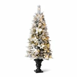 Discount 🛒 5ft. Pre-Lit Flocked Pine Artificial 🎄 Christmas Tree in Planter, Warm White LED Lights by Glitzhome ⭐
