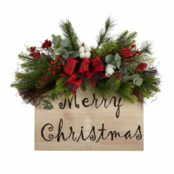 Deals ⌛ 20" Holiday Merry 🎄 Christmas Door Wall Hanger with Pinecones & Berries by Nearly Natural ⭐