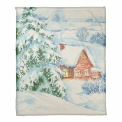 Brand new 🧨 Watercolor Winter Cabin 50x60 Coral Fleece Blanket by Designs Direct ✔️