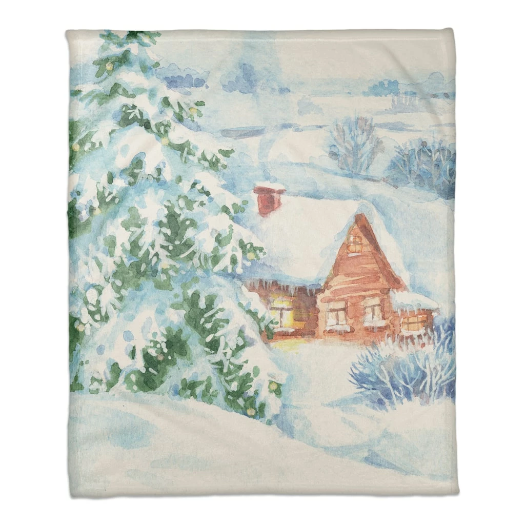 Brand new ๐งจ Watercolor Winter Cabin 50x60 Coral Fleece Blanket by Designs Direct โ๏ธ