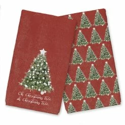 Wholesale ⭐ Oh 🎅 Christmas Tree on Red Background Tea Towel Set by Designs Direct 😉